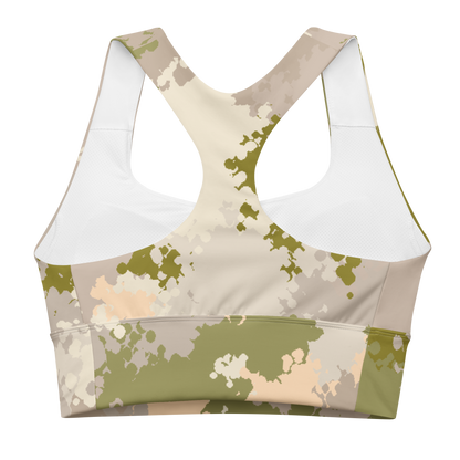 Michigan Upper Peninsula Longline Sports Bra (w/ UP USA Flag) | Rosy Mound Camo