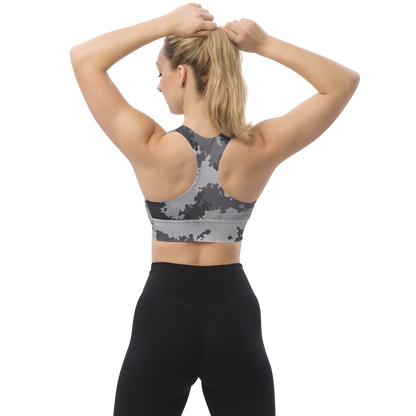 Michigan Upper Peninsula Longline Sports Bra (w/ UP USA Flag) | Iron Ore Camo