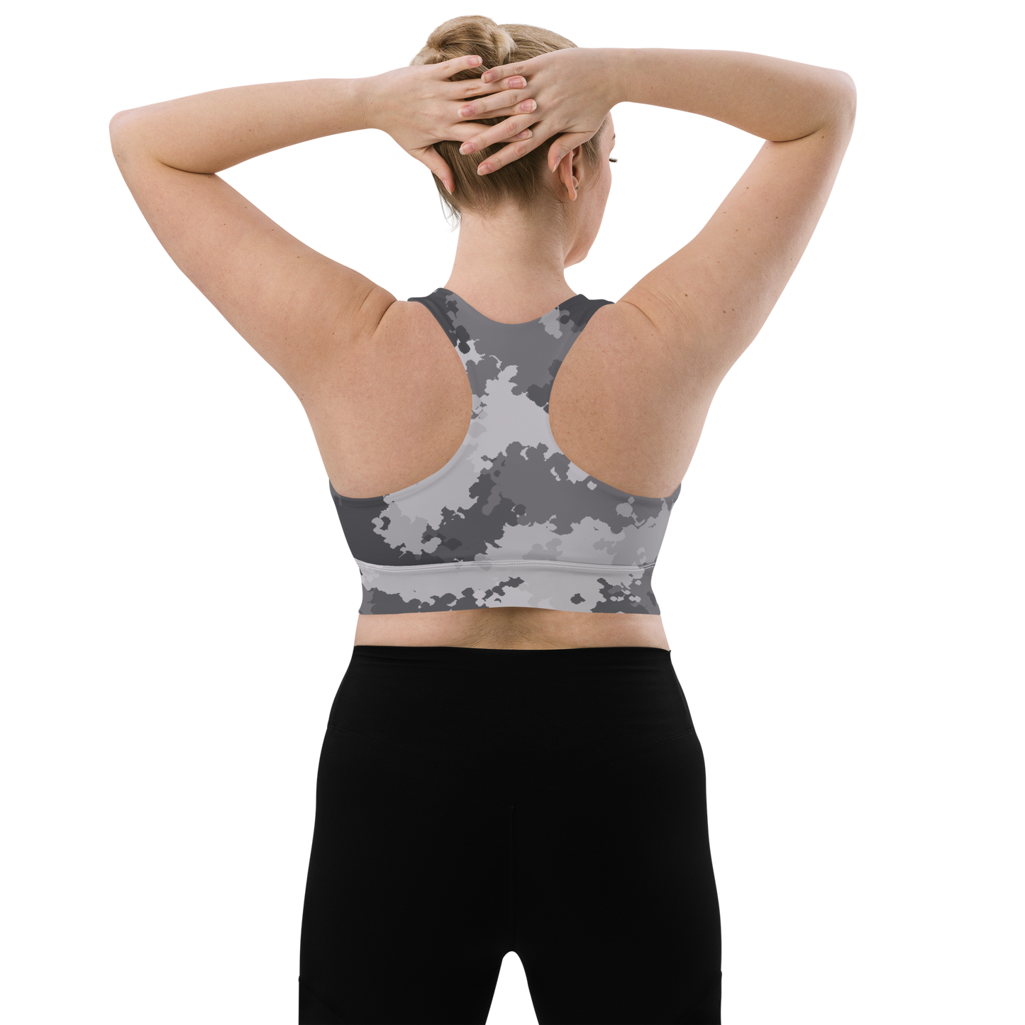 Michigan Upper Peninsula Longline Sports Bra (w/ UP USA Flag) | Iron Ore Camo