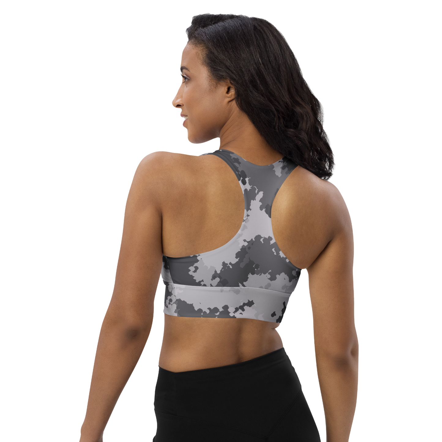 Michigan Upper Peninsula Longline Sports Bra (w/ UP USA Flag) | Iron Ore Camo