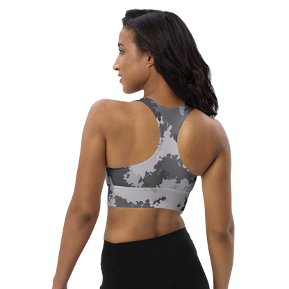 Michigan Upper Peninsula Longline Sports Bra (w/ UP USA Flag) | Iron Ore Camo