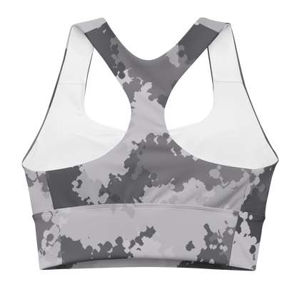 Michigan Upper Peninsula Longline Sports Bra (w/ UP USA Flag) | Iron Ore Camo