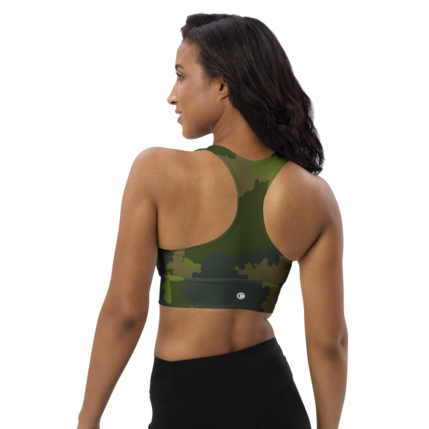 Michigan Upper Peninsula Longline Sports Bra (w/ UP Outline) | Woodland Camo