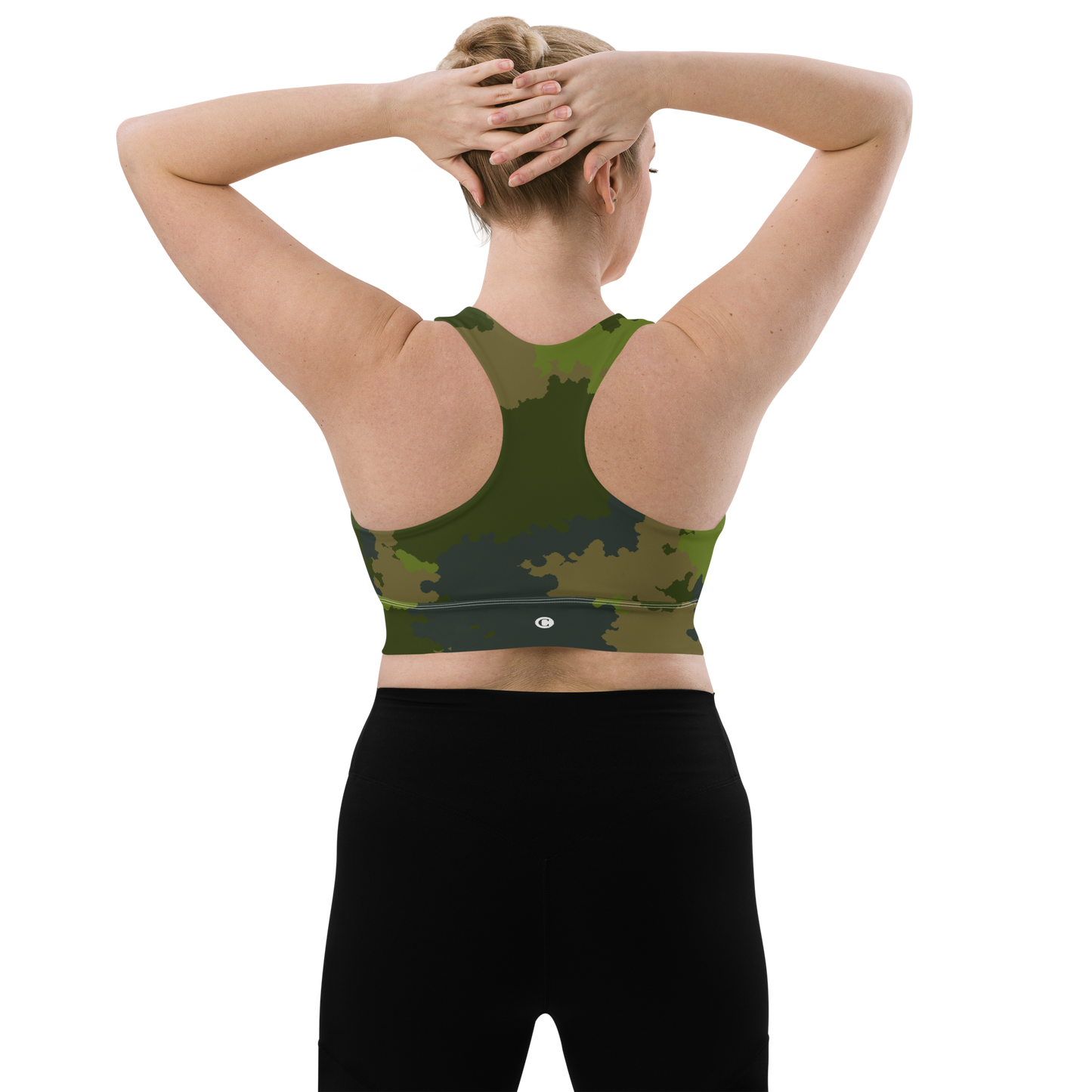 Michigan Upper Peninsula Longline Sports Bra (w/ UP Outline) | Woodland Camo