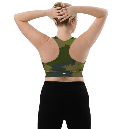 Michigan Upper Peninsula Longline Sports Bra (w/ UP Outline) | Woodland Camo