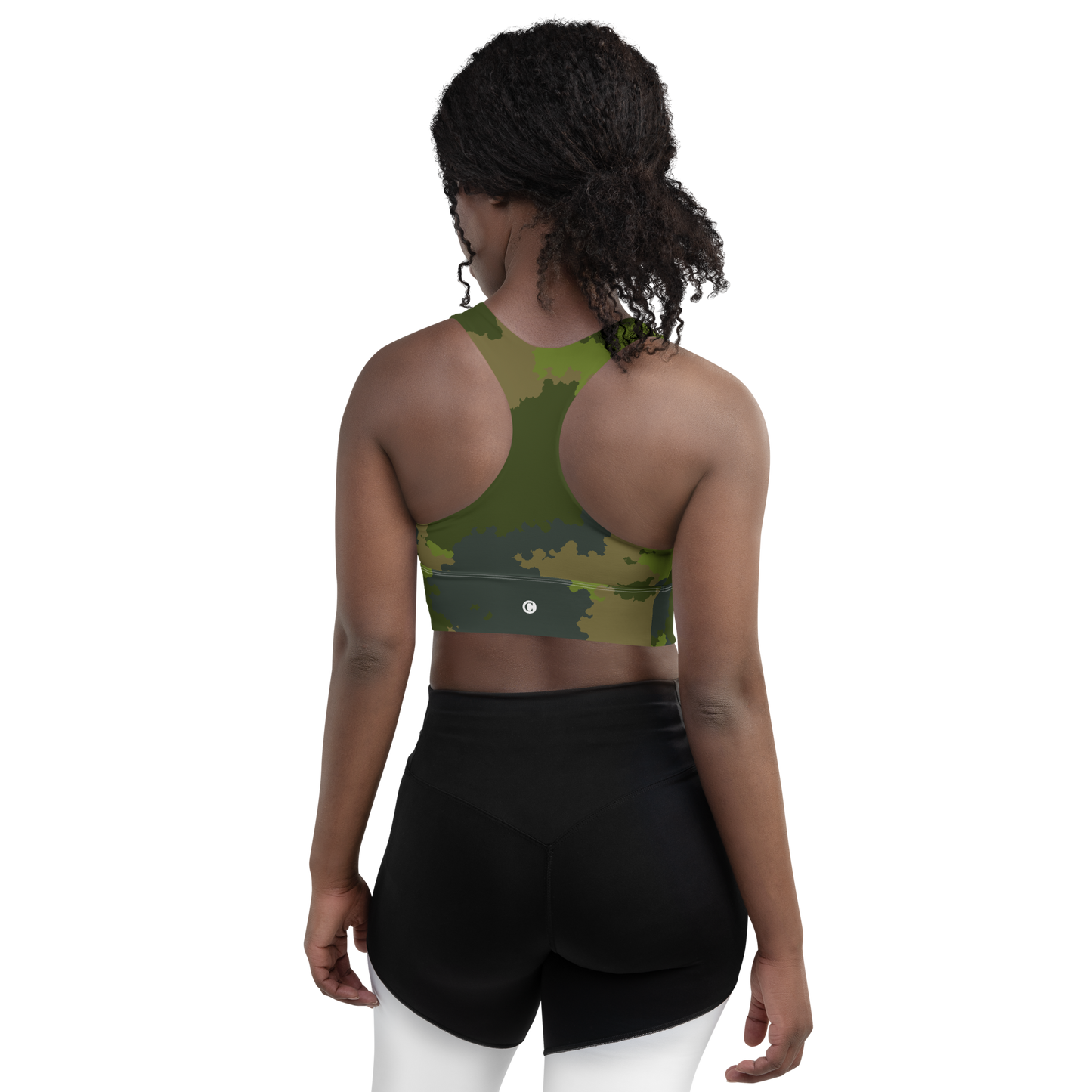 Michigan Upper Peninsula Longline Sports Bra (w/ UP Outline) | Woodland Camo