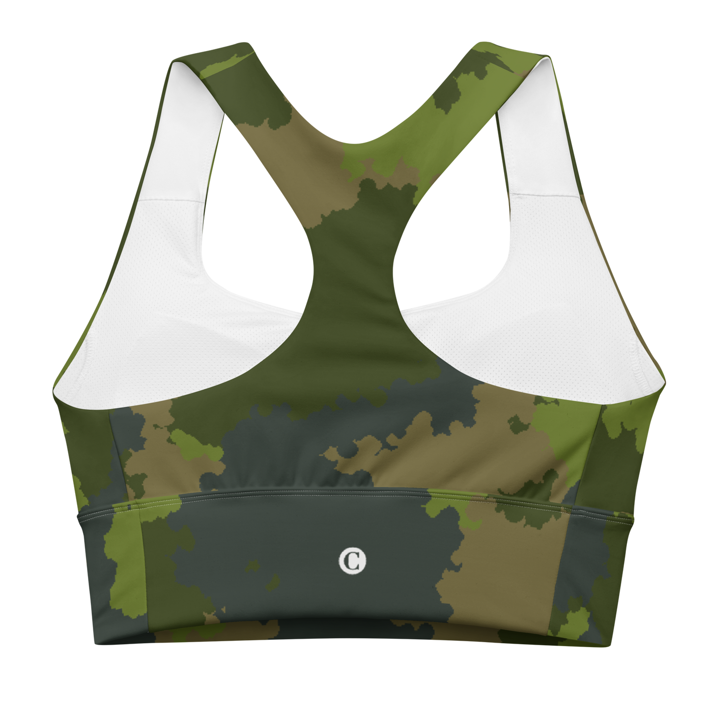 Michigan Upper Peninsula Longline Sports Bra (w/ UP Outline) | Woodland Camo