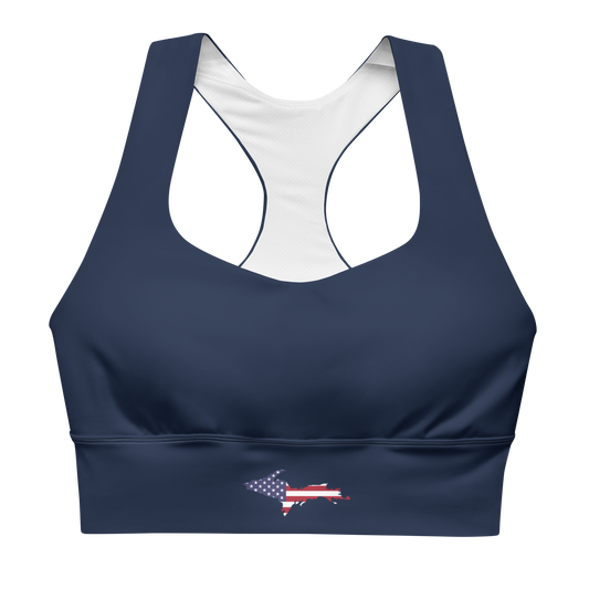 Michigan Upper Peninsula Longline Sports Bra (w/ UP USA Flag Outline) | Navy