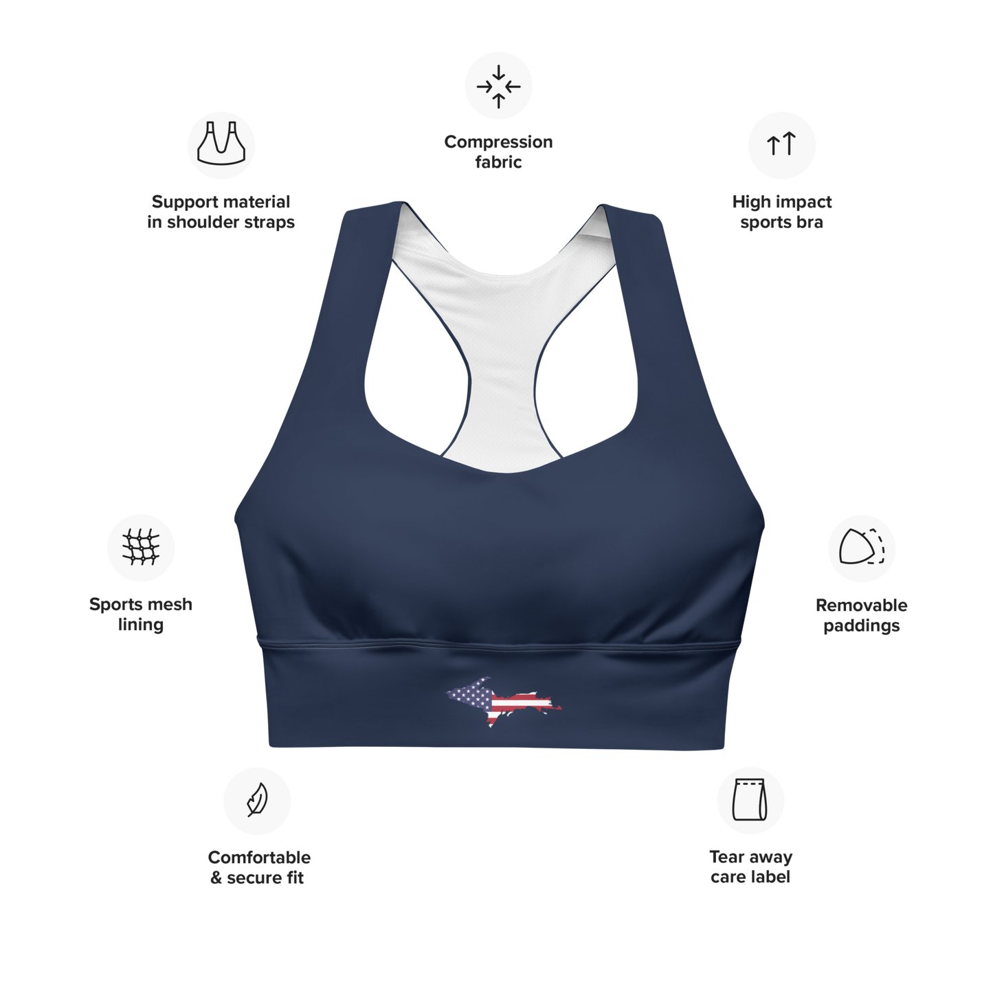 Michigan Upper Peninsula Longline Sports Bra (w/ UP USA Flag Outline) | Navy