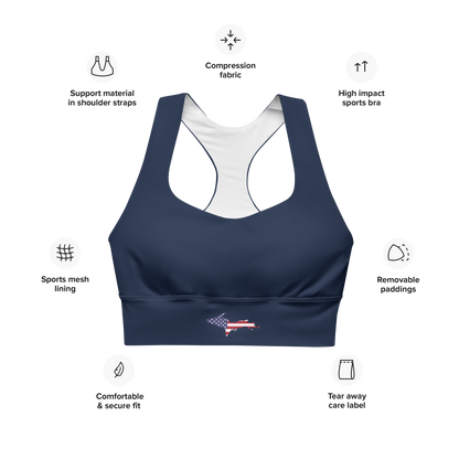 Michigan Upper Peninsula Longline Sports Bra (w/ UP USA Flag Outline) | Navy