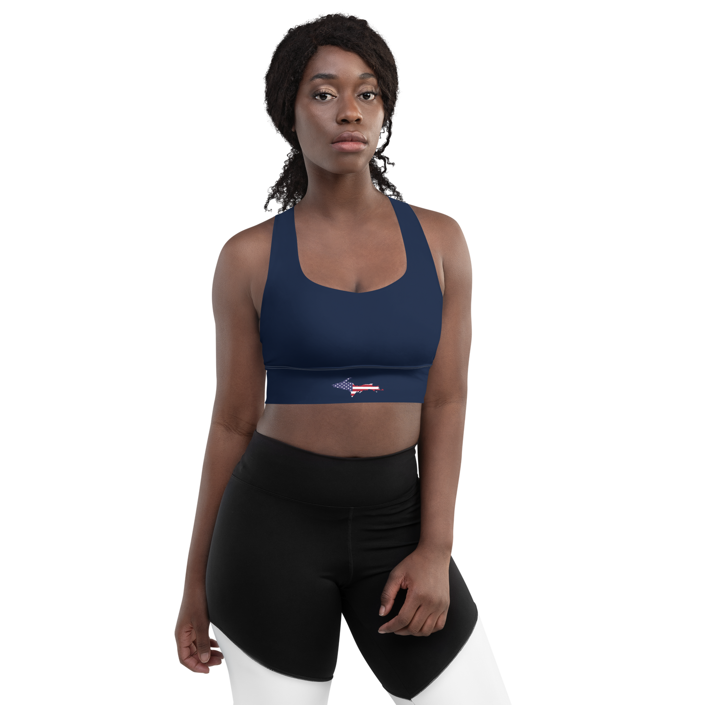 Michigan Upper Peninsula Longline Sports Bra (w/ UP USA Flag Outline) | Navy