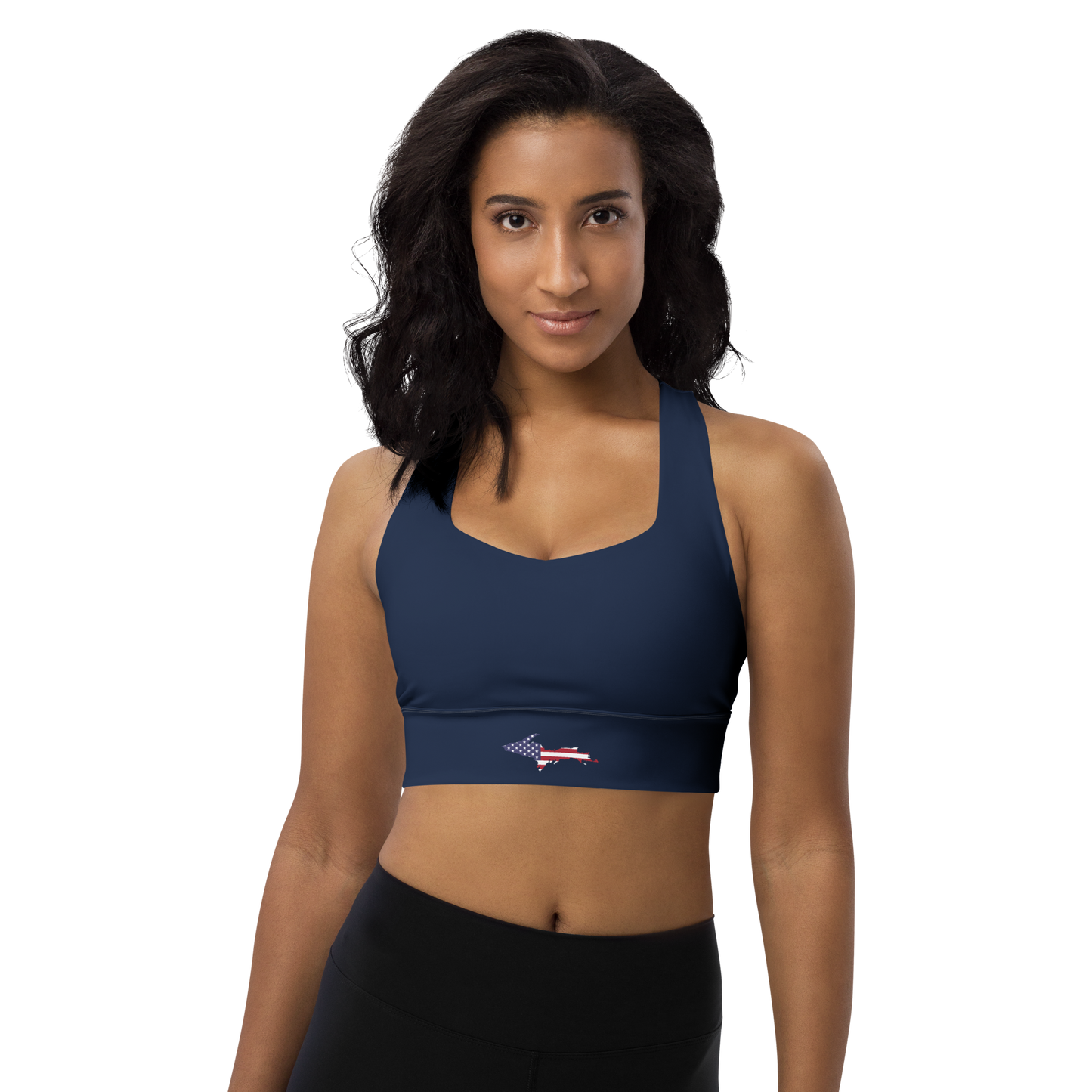 Michigan Upper Peninsula Longline Sports Bra (w/ UP USA Flag Outline) | Navy