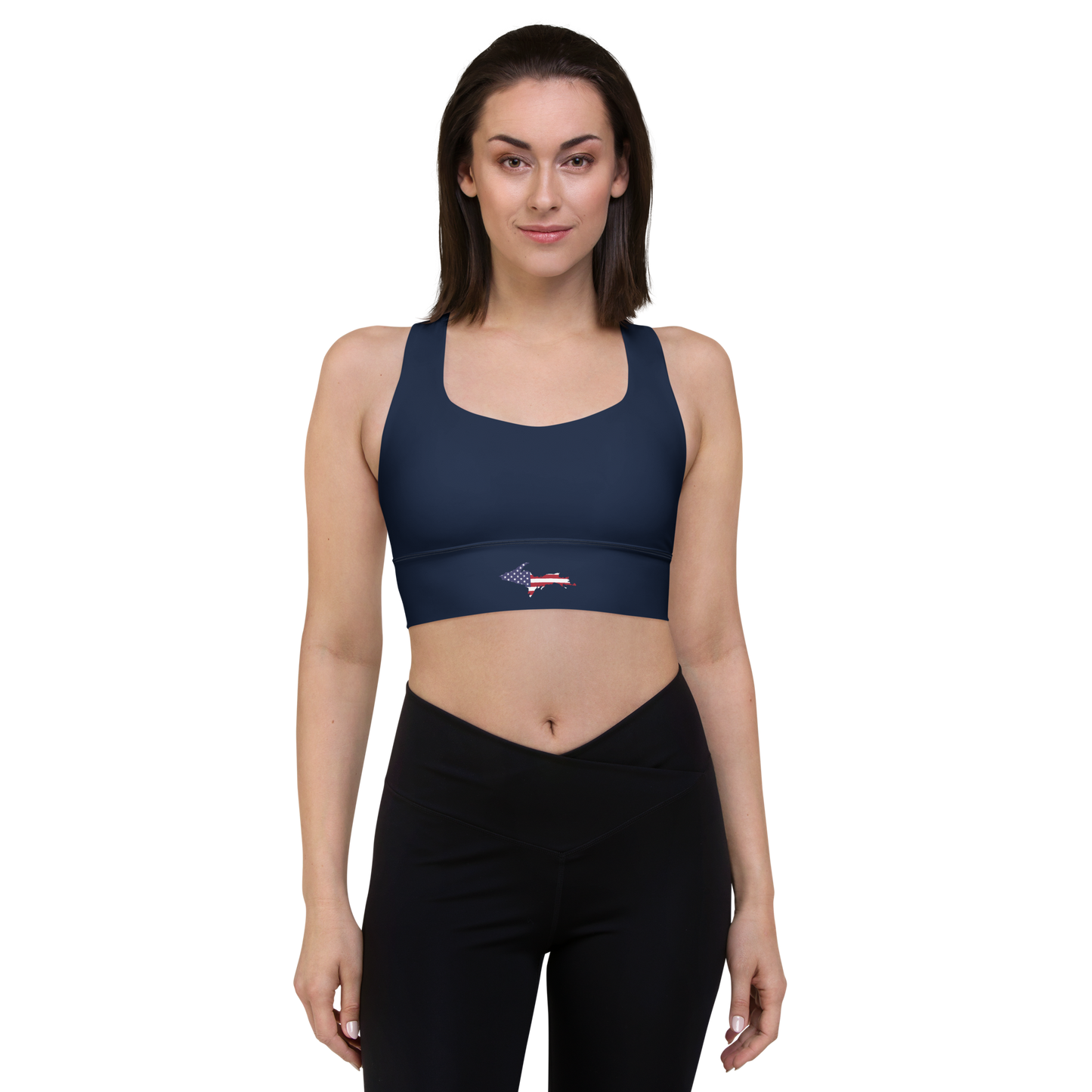 Michigan Upper Peninsula Longline Sports Bra (w/ UP USA Flag Outline) | Navy