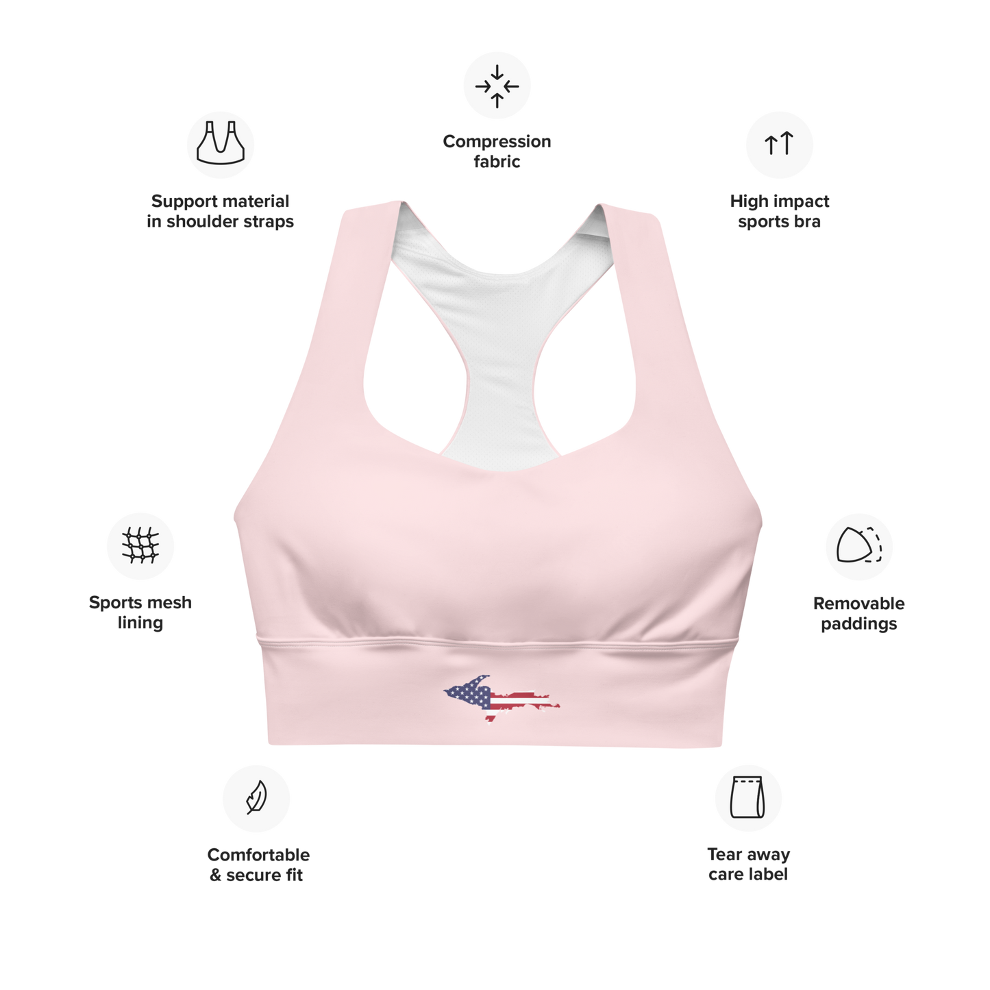 Michigan Upper Peninsula Longline Sports Bra (w/ UP USA Flag) | Pale Pink