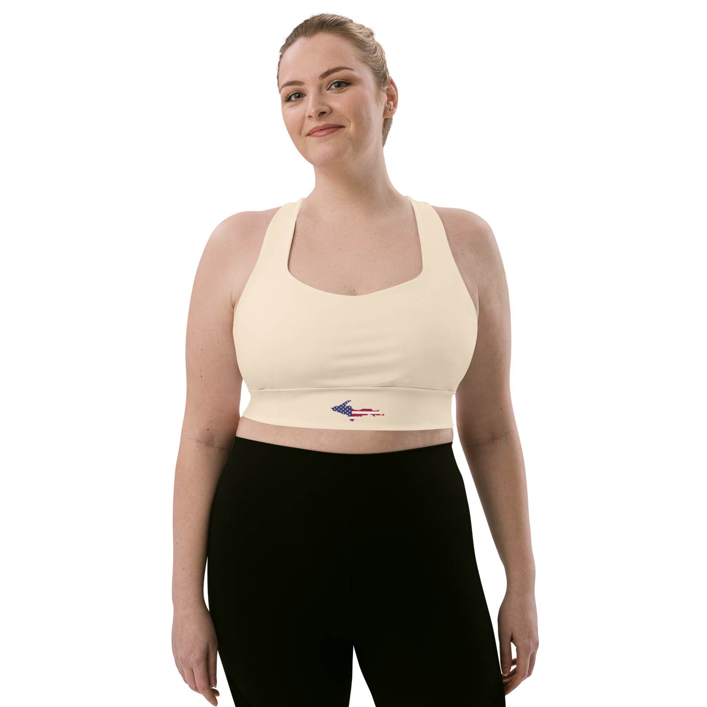 Michigan Upper Peninsula Longline Sports Bra (w/ UP USA Flag) | Champagne White