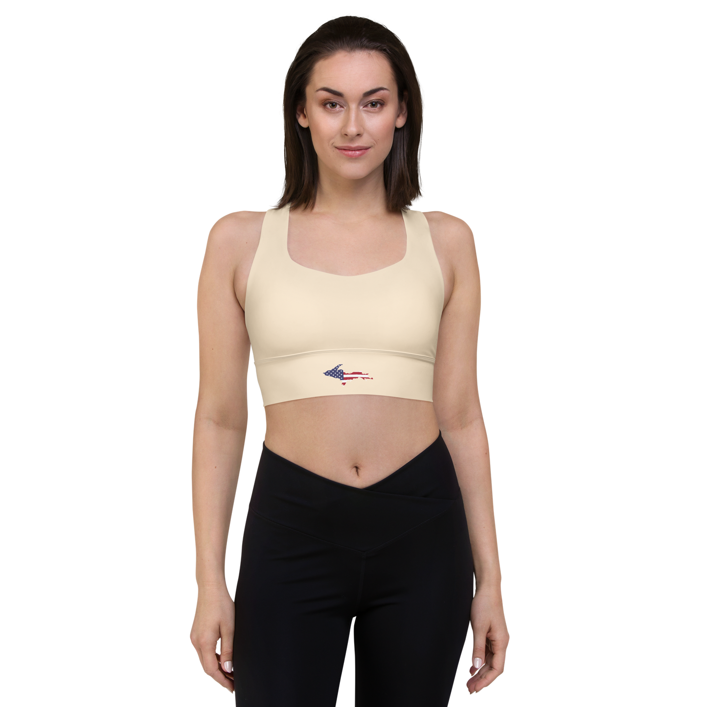 Michigan Upper Peninsula Longline Sports Bra (w/ UP USA Flag) | Champagne White