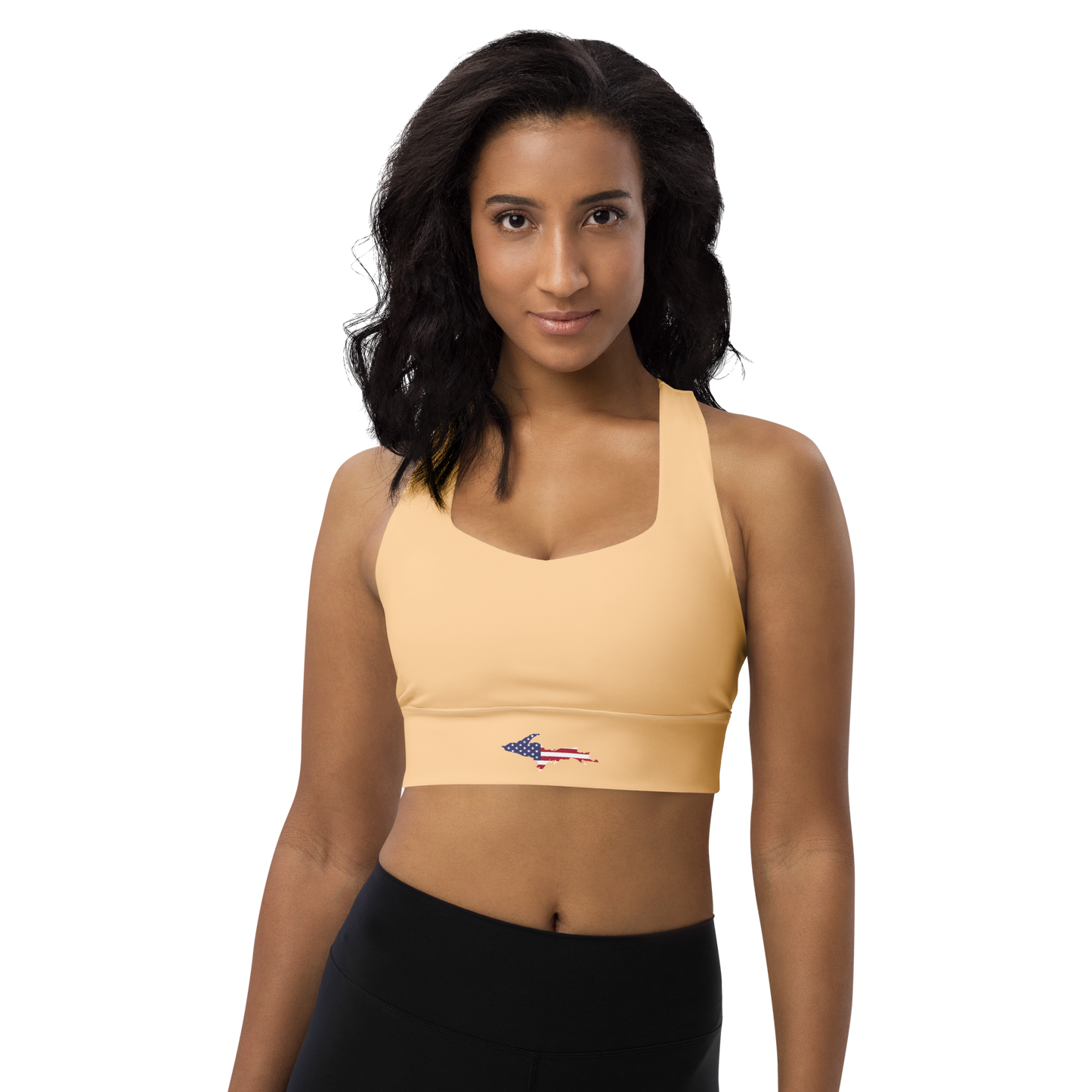 Michigan Upper Peninsula Longline Sports Bra (w/ UP USA Flag) | Pale Apricot