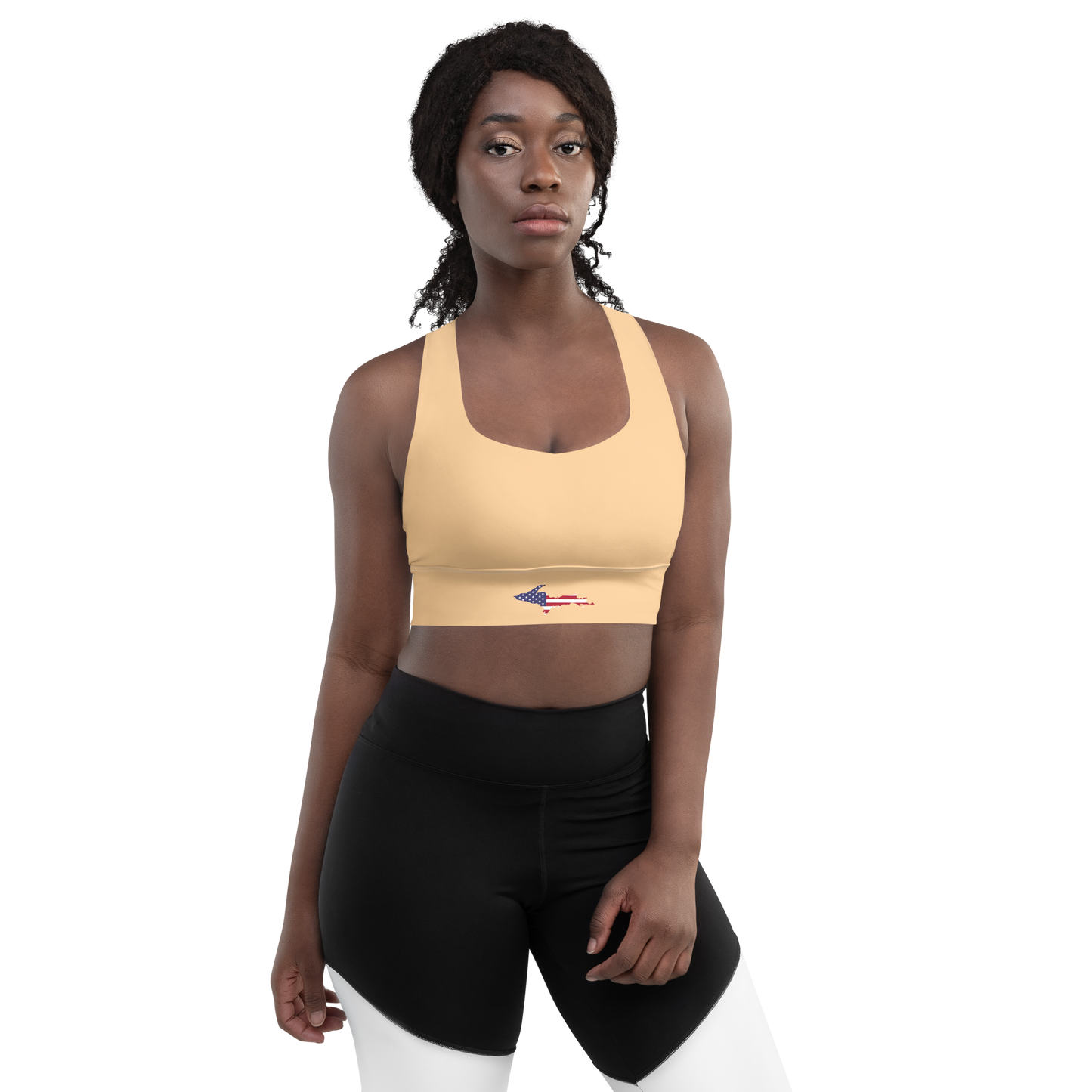 Michigan Upper Peninsula Longline Sports Bra (w/ UP USA Flag) | Pale Apricot