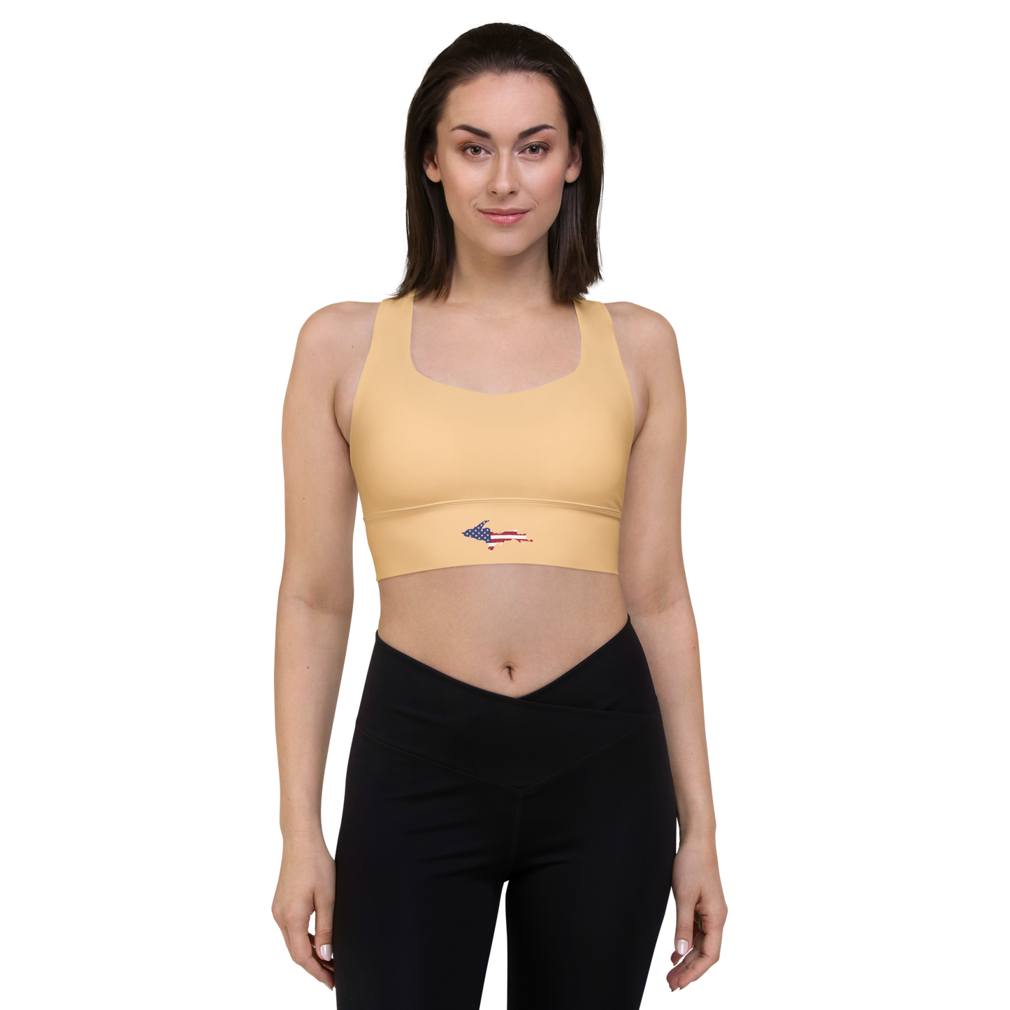 Michigan Upper Peninsula Longline Sports Bra (w/ UP USA Flag) | Pale Apricot