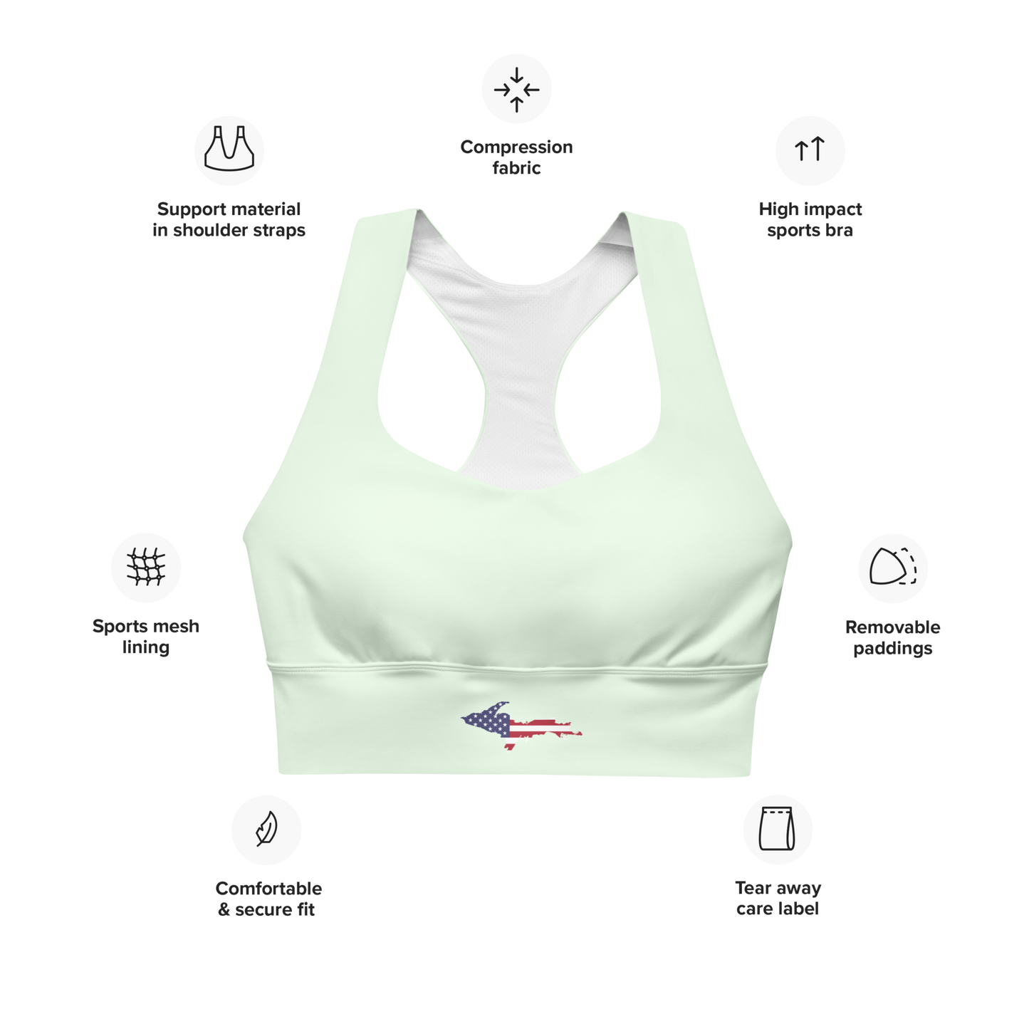 Michigan Upper Peninsula Longline Sports Bra (w/ UP USA Flag) | Dew Green