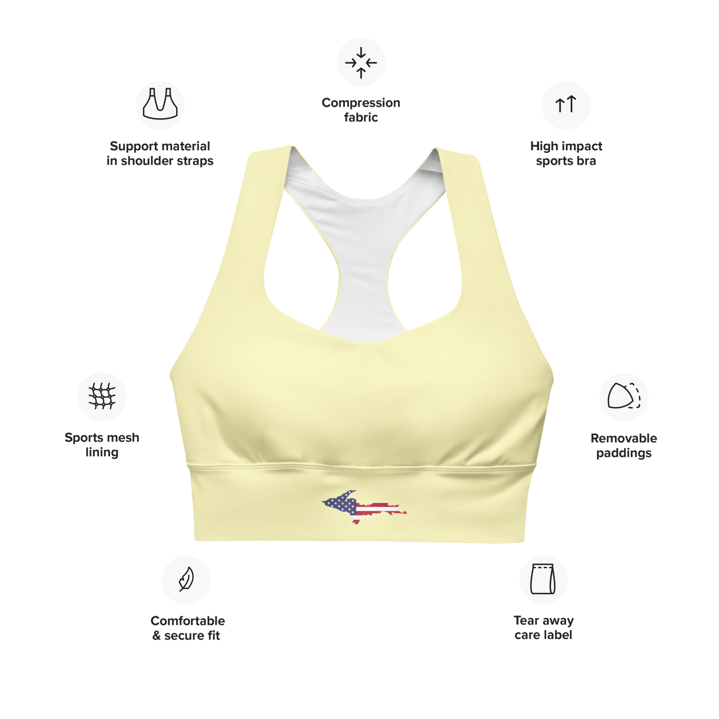 Michigan Upper Peninsula Longline Sports Bra (w/ UP USA Flag) | Canary Yellow