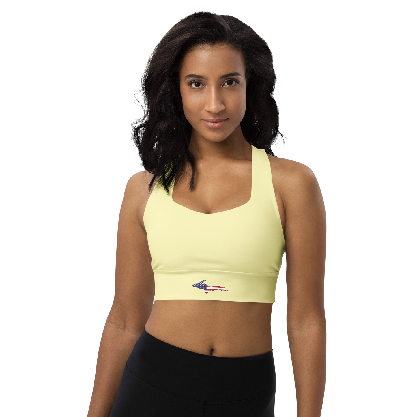 Michigan Upper Peninsula Longline Sports Bra (w/ UP USA Flag) | Canary Yellow