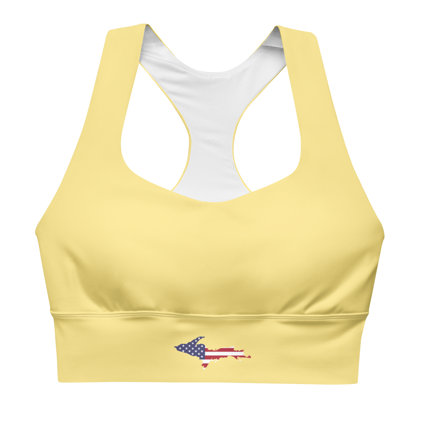 Michigan Upper Peninsula Longline Sports Bra (w/ UP USA Flag) | Cherry Yellow