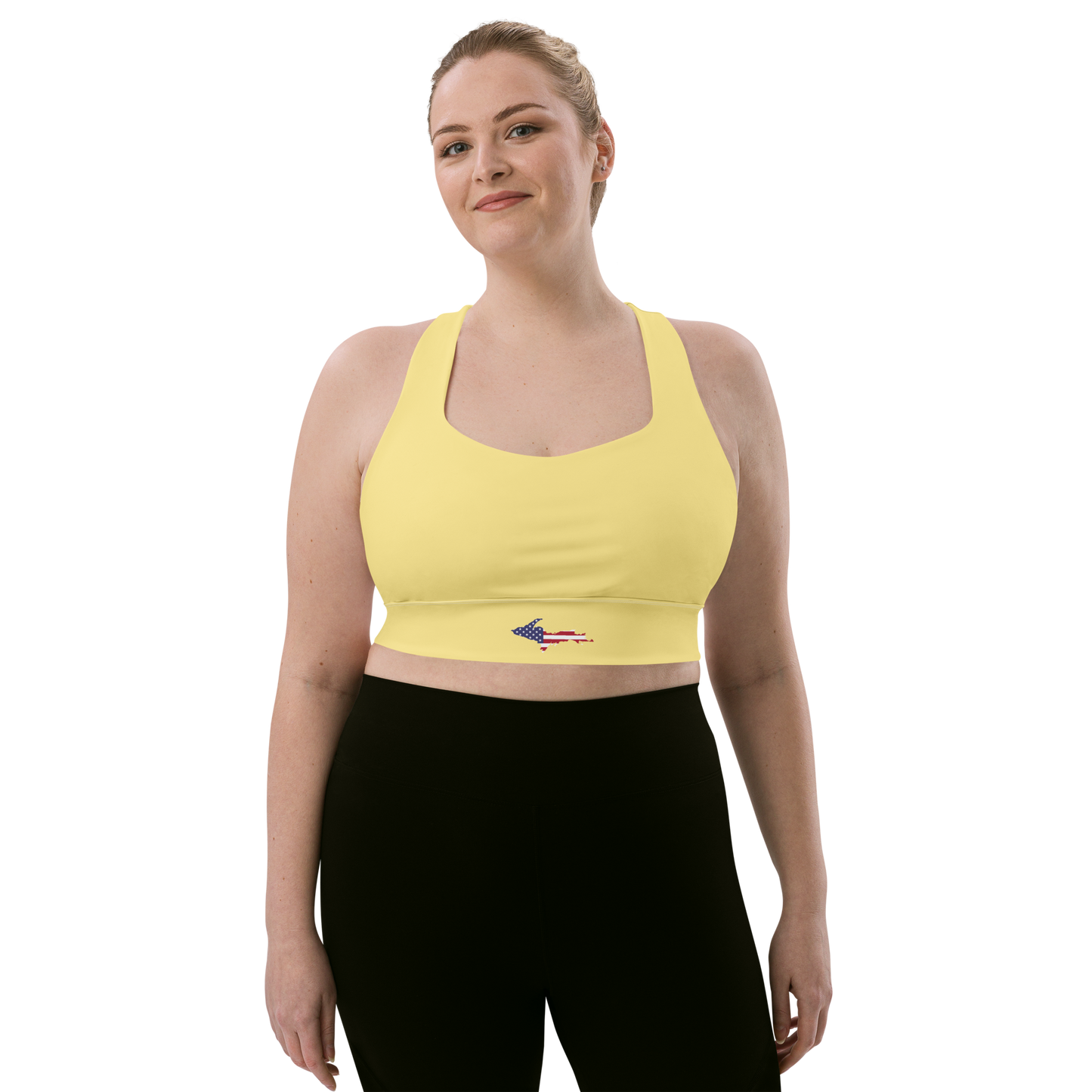 Michigan Upper Peninsula Longline Sports Bra (w/ UP USA Flag) | Cherry Yellow