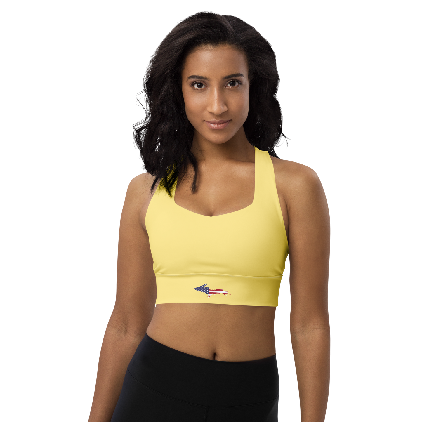 Michigan Upper Peninsula Longline Sports Bra (w/ UP USA Flag) | Cherry Yellow