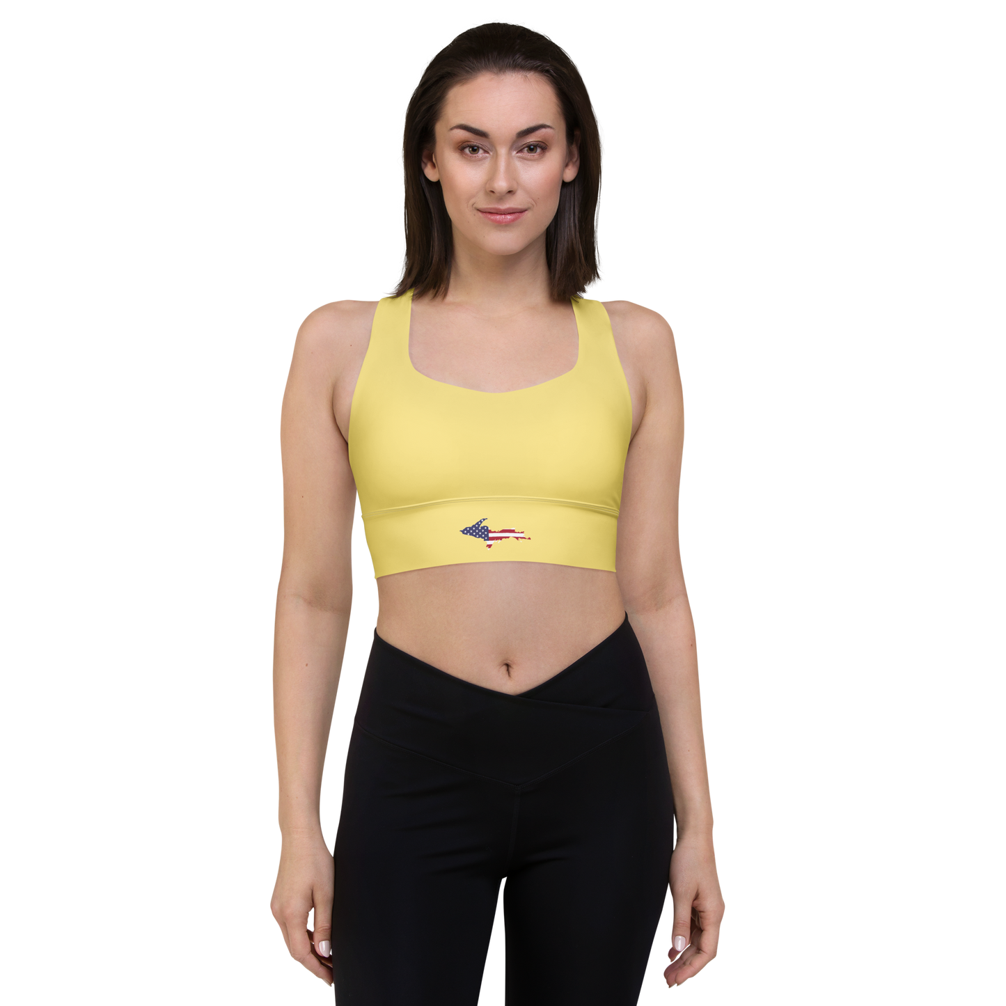 Michigan Upper Peninsula Longline Sports Bra (w/ UP USA Flag) | Cherry Yellow