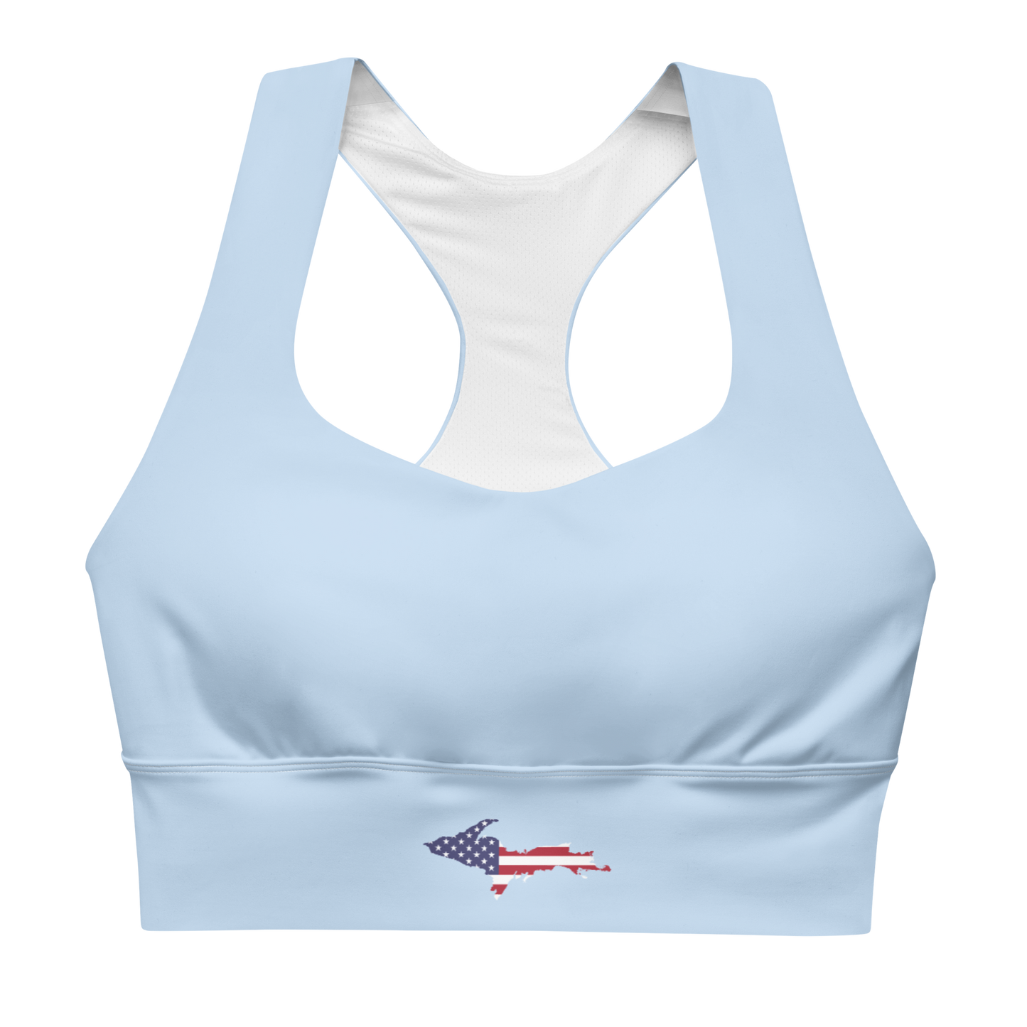 Michigan Upper Peninsula Longline Sports Bra (w/ UP USA Flag) | Light Blue