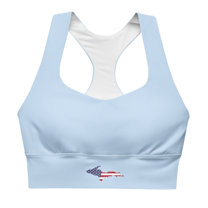 Michigan Upper Peninsula Longline Sports Bra (w/ UP USA Flag) | Light Blue