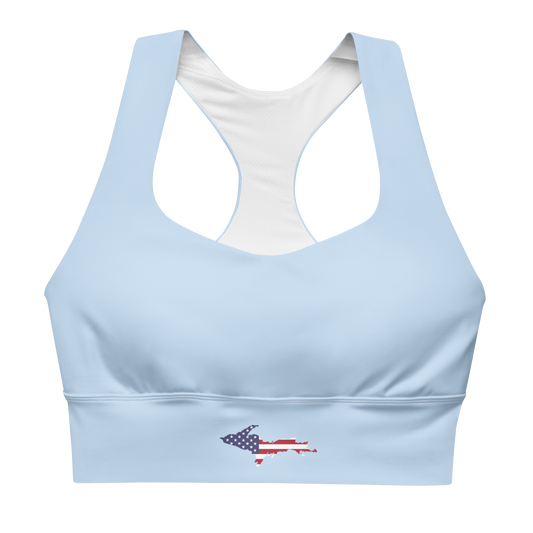 Michigan Upper Peninsula Longline Sports Bra (w/ UP USA Flag) | Light Blue