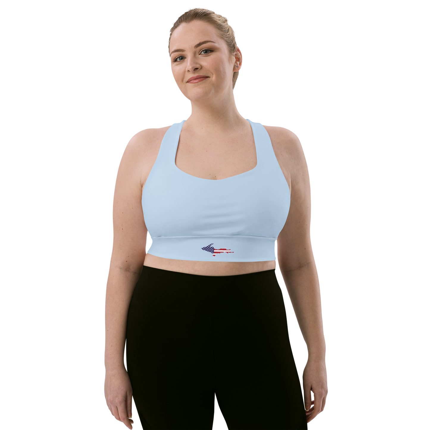 Michigan Upper Peninsula Longline Sports Bra (w/ UP USA Flag) | Light Blue