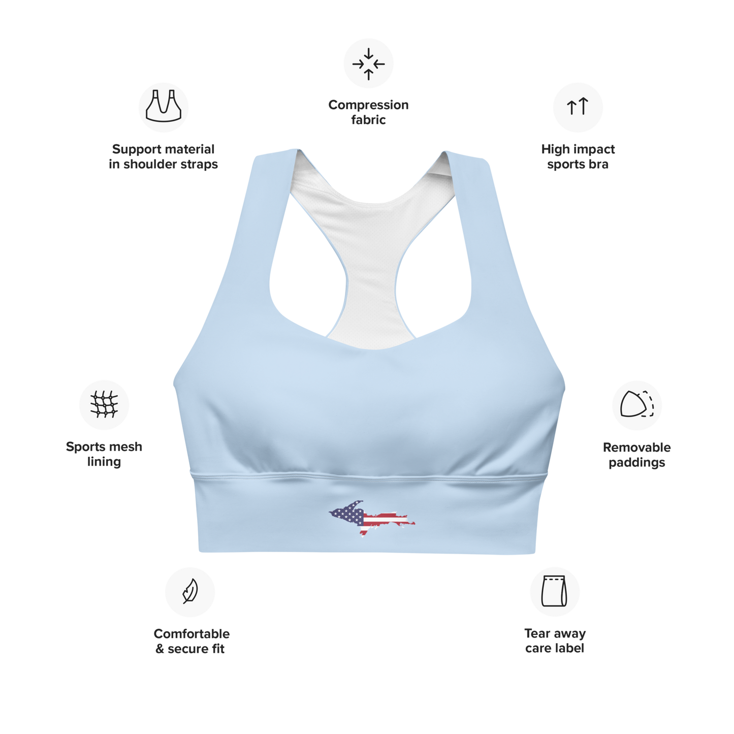 Michigan Upper Peninsula Longline Sports Bra (w/ UP USA Flag) | Light Blue