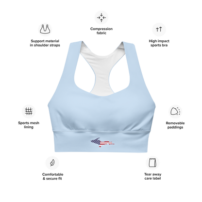 Michigan Upper Peninsula Longline Sports Bra (w/ UP USA Flag) | Light Blue