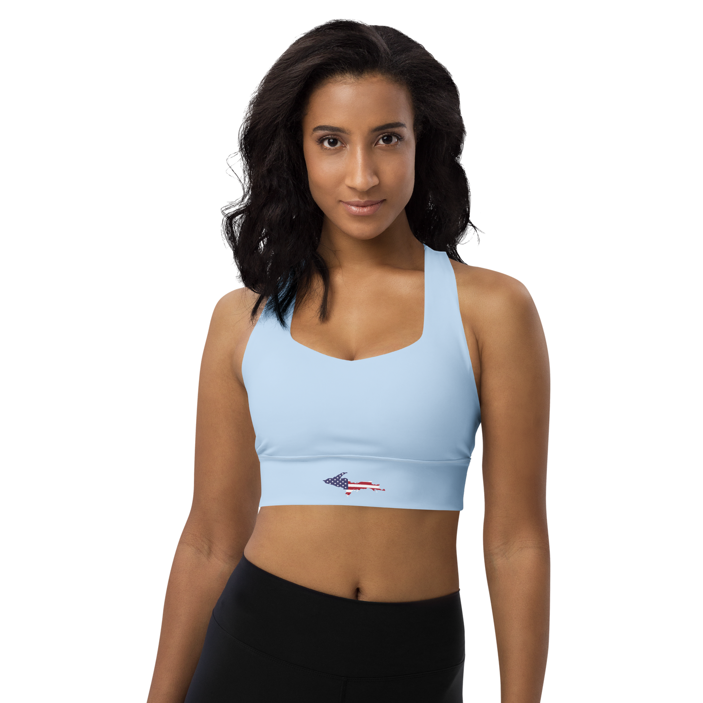 Michigan Upper Peninsula Longline Sports Bra (w/ UP USA Flag) | Light Blue