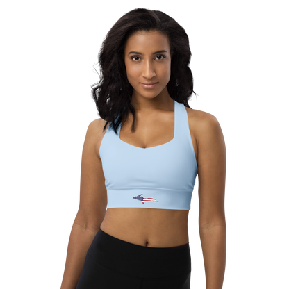 Michigan Upper Peninsula Longline Sports Bra (w/ UP USA Flag) | Light Blue