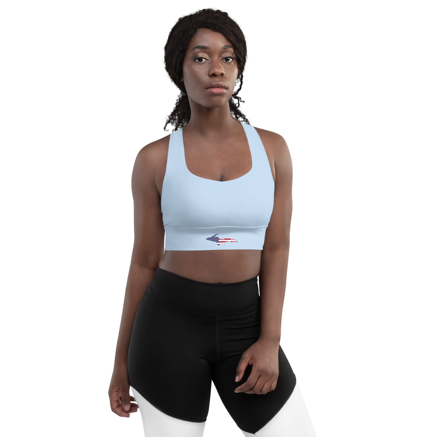 Michigan Upper Peninsula Longline Sports Bra (w/ UP USA Flag) | Light Blue