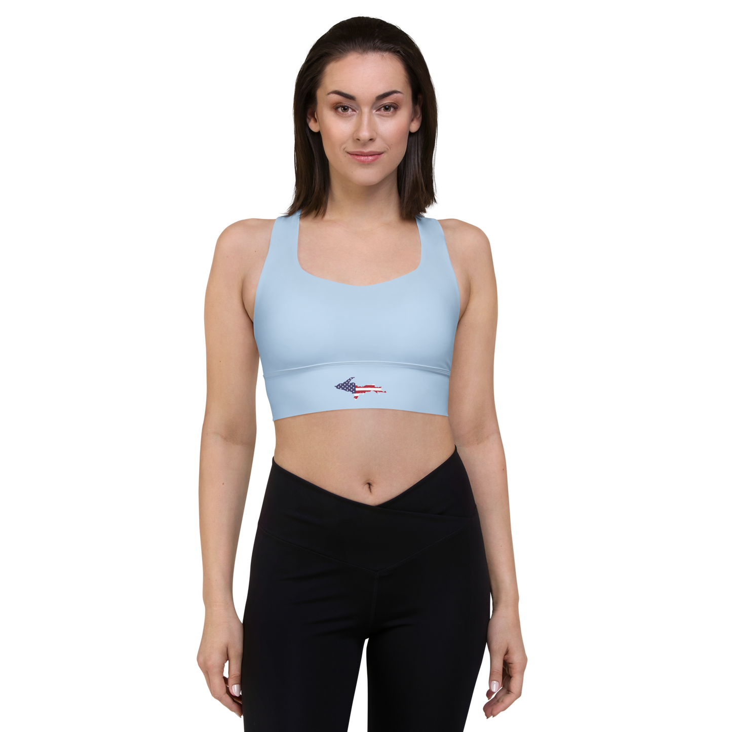 Michigan Upper Peninsula Longline Sports Bra (w/ UP USA Flag) | Light Blue