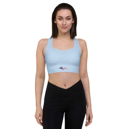 Michigan Upper Peninsula Longline Sports Bra (w/ UP USA Flag) | Light Blue