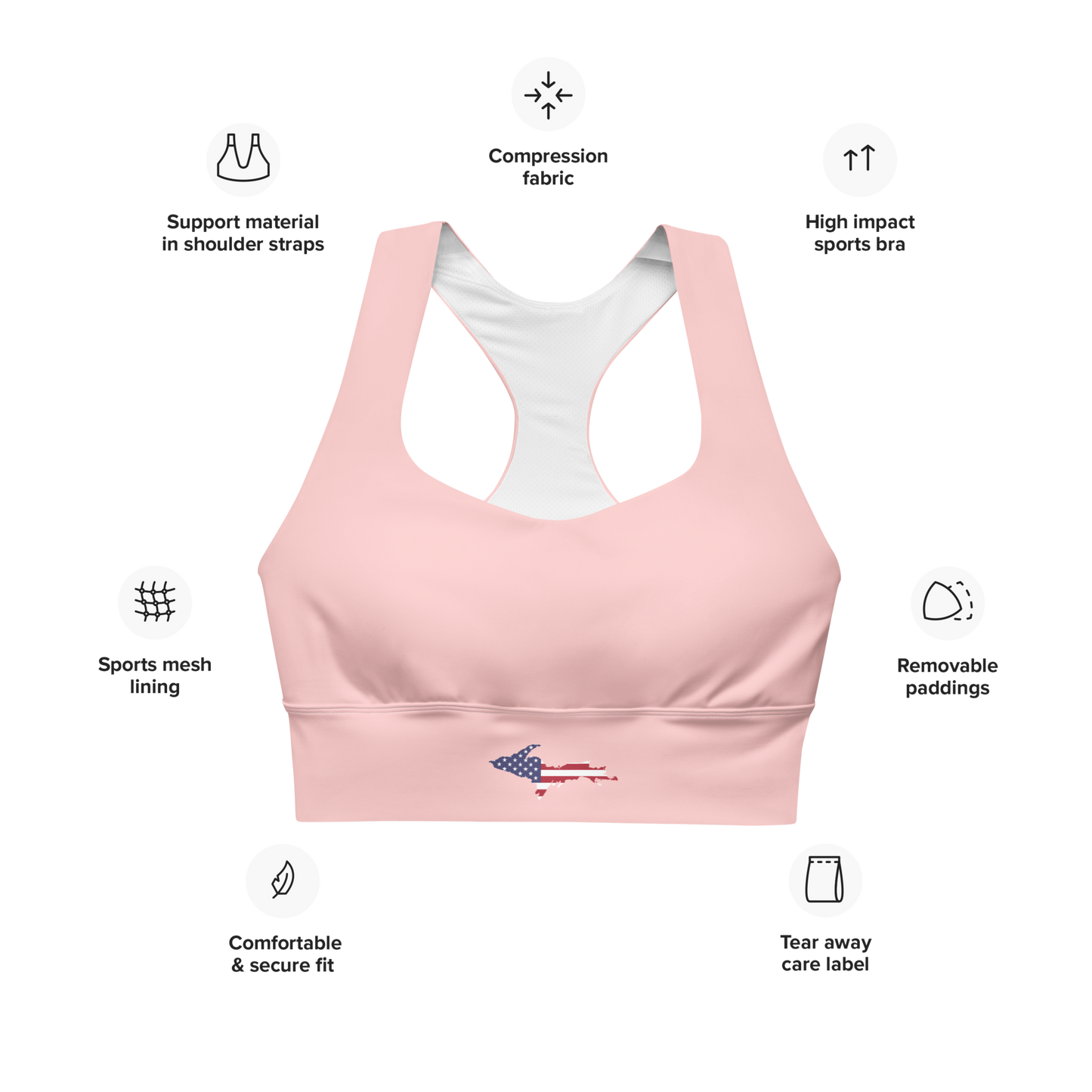 Michigan Upper Peninsula Longline Sports Bra (w/ UP USA Flag) | Cosmos Pink