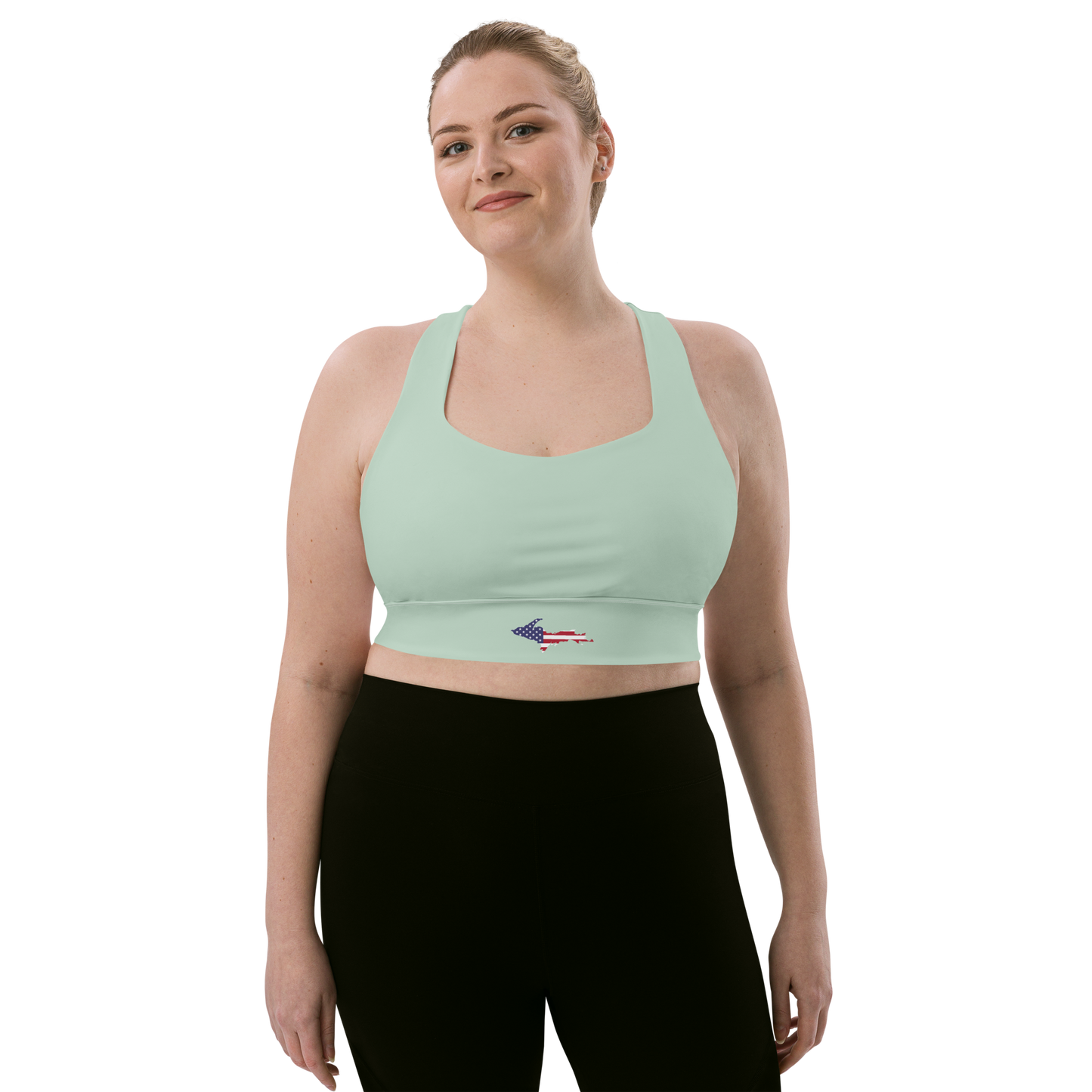 Michigan Upper Peninsula Longline Sports Bra (w/ UP USA Flag) | Sea Green