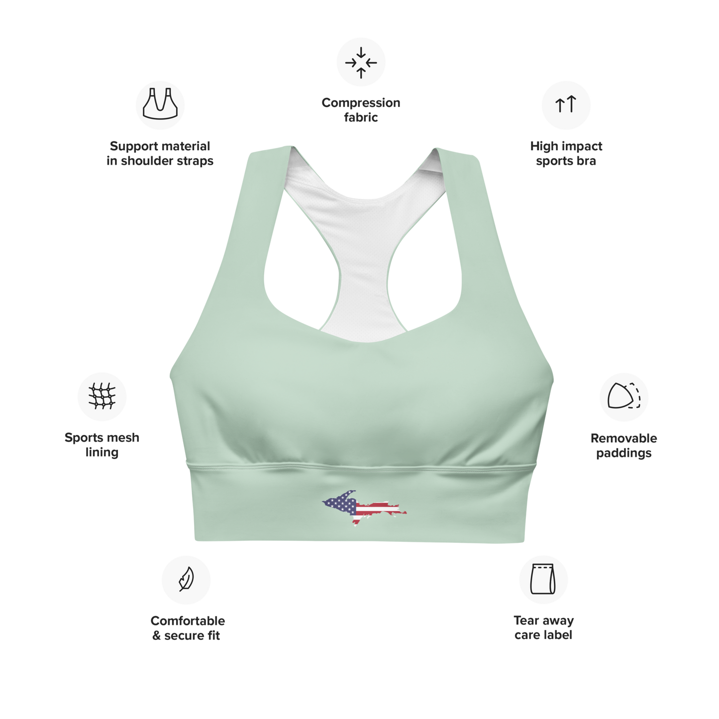 Michigan Upper Peninsula Longline Sports Bra (w/ UP USA Flag) | Sea Green