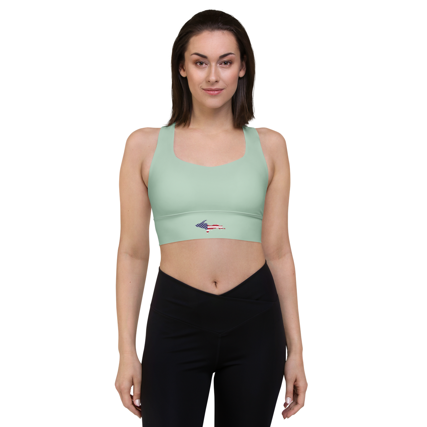 Michigan Upper Peninsula Longline Sports Bra (w/ UP USA Flag) | Sea Green