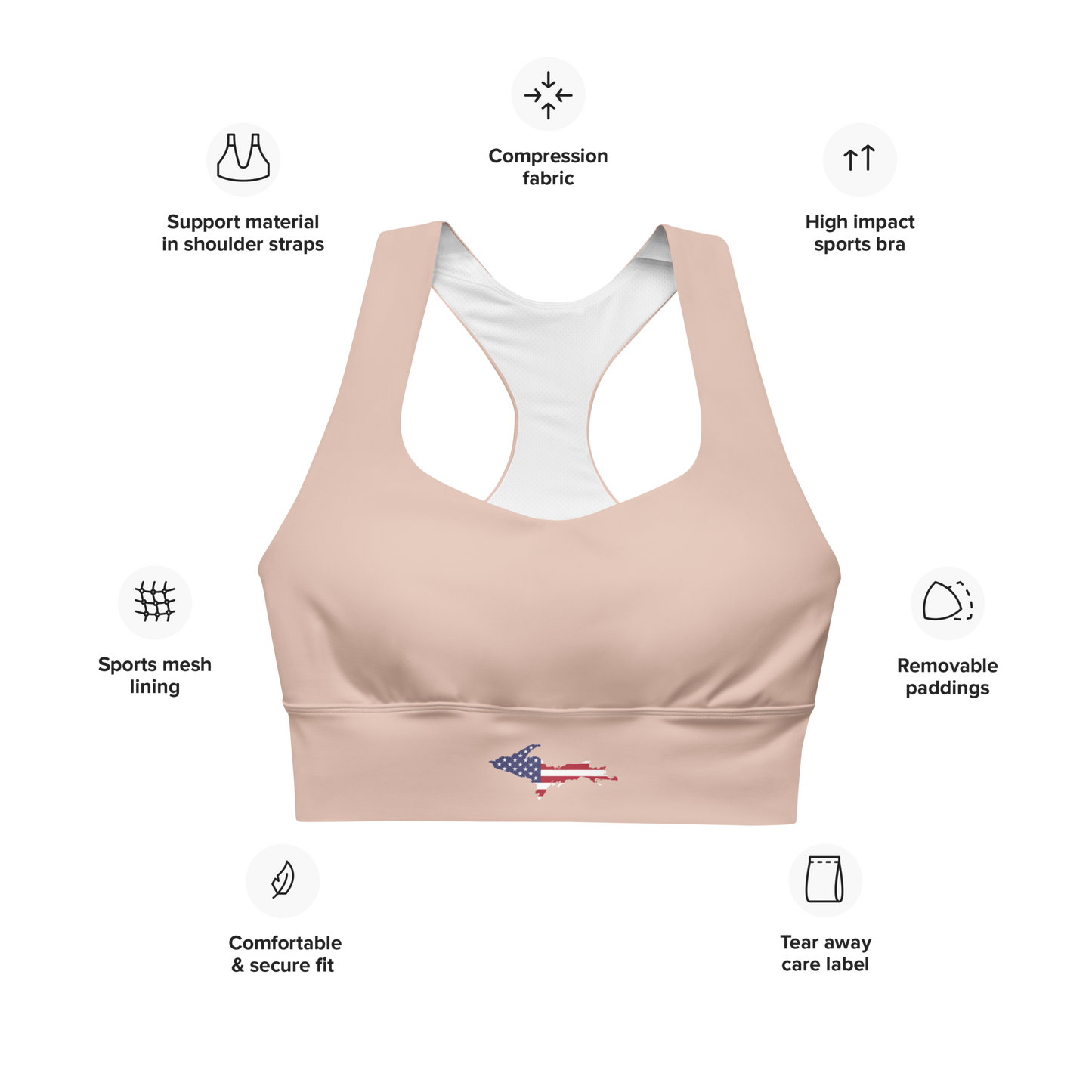 Michigan Upper Peninsula Longline Sports Bra (w/ UP USA Flag) | Rose Gold