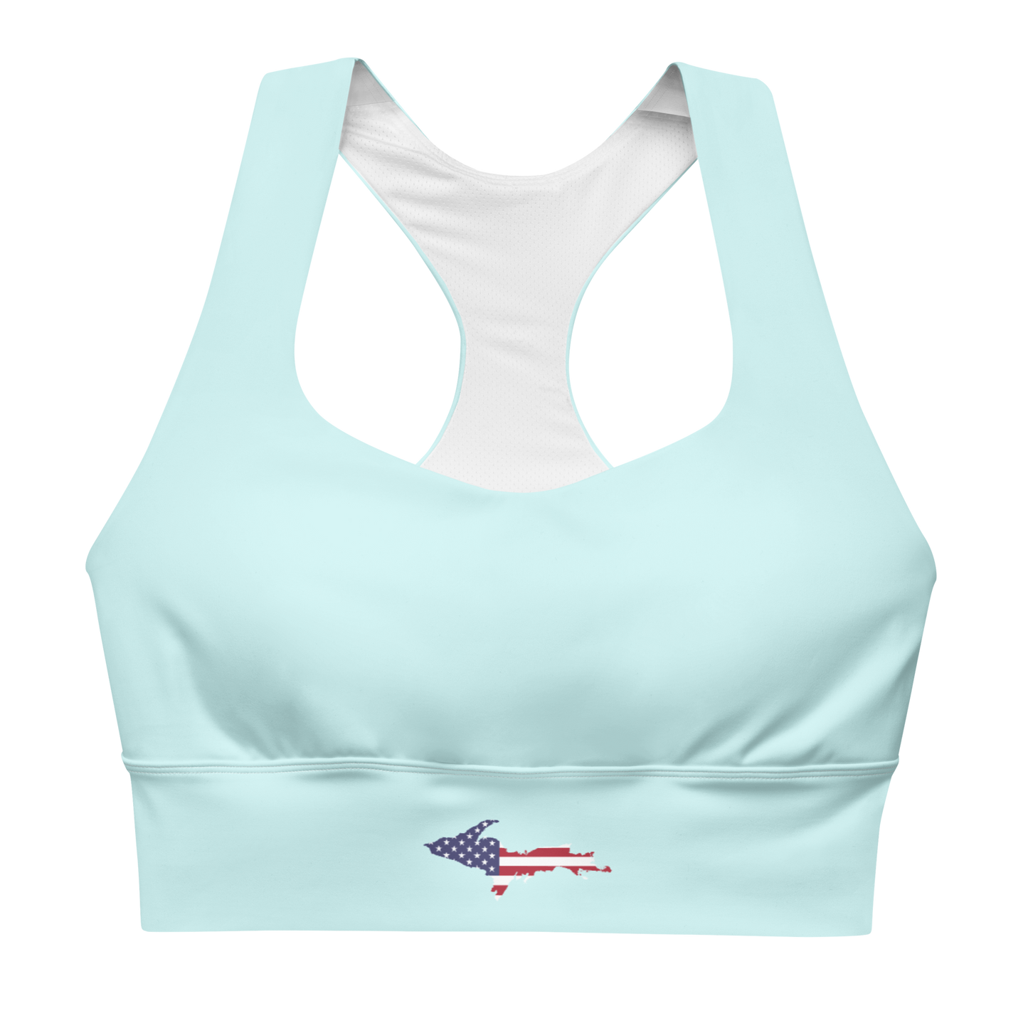 Michigan Upper Peninsula Longline Sports Bra (w/ UP USA Flag) | Cyan