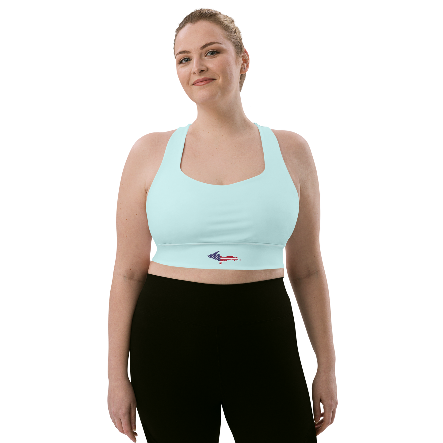 Michigan Upper Peninsula Longline Sports Bra (w/ UP USA Flag) | Cyan