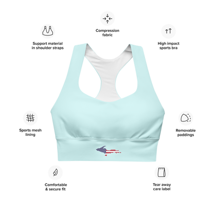 Michigan Upper Peninsula Longline Sports Bra (w/ UP USA Flag) | Cyan