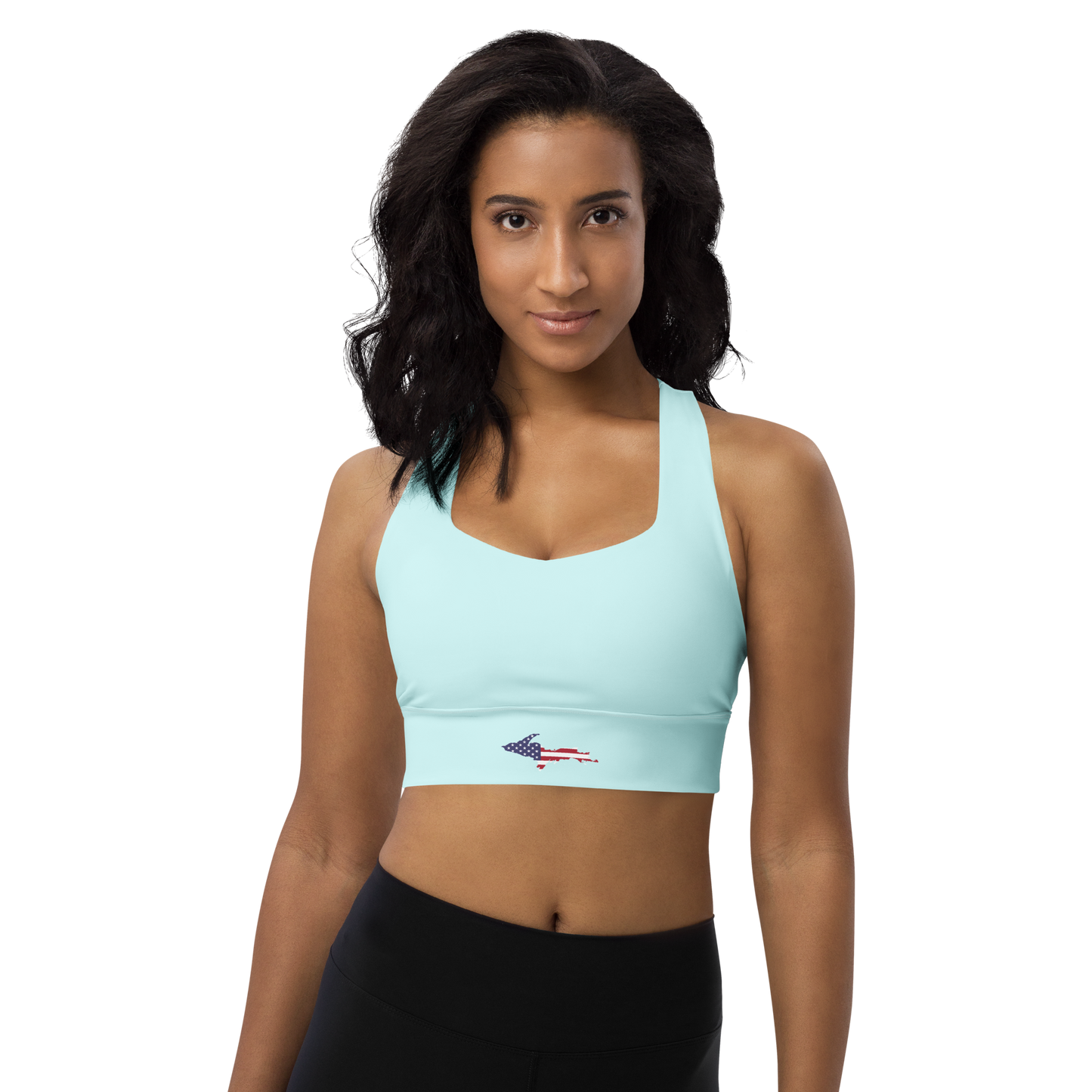 Michigan Upper Peninsula Longline Sports Bra (w/ UP USA Flag) | Cyan